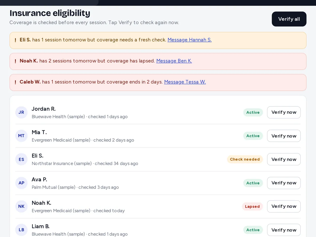 Preview with sample data: Coverage status for each client with verify buttons