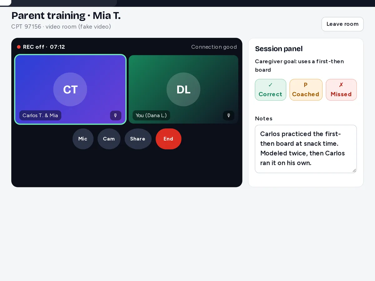 Preview with sample data: Video session screen with the note panel beside it